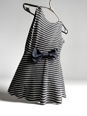 Classic Navy Blue & White Striped Girls' Dress with Bow